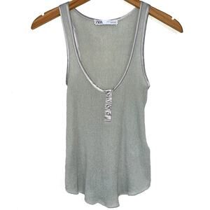 Zara Grey Scoop Neck Delicate Sheer Viscose Linen Mesh Knit Tank Top Size XS